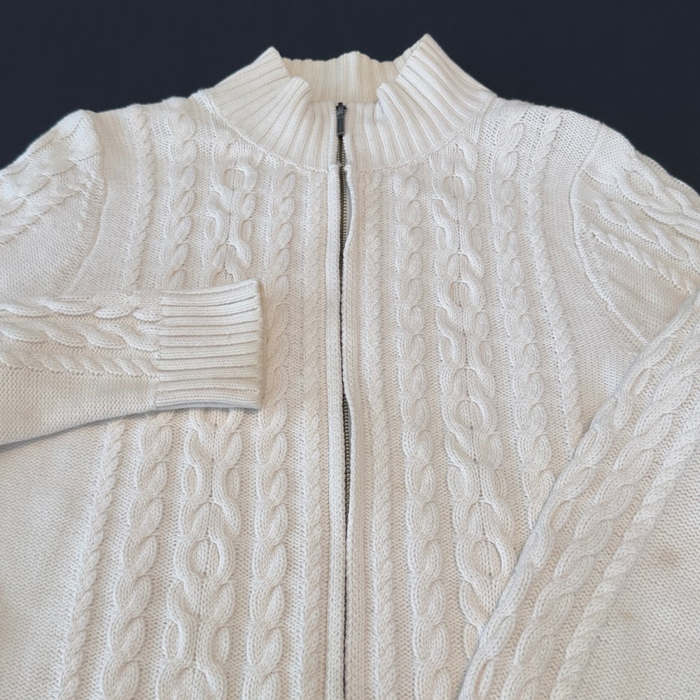 LL Bean Womens Cream White Cotton Cable Knit Full Zip Cardigan Sweater M 298836 - Picture 2 of 11